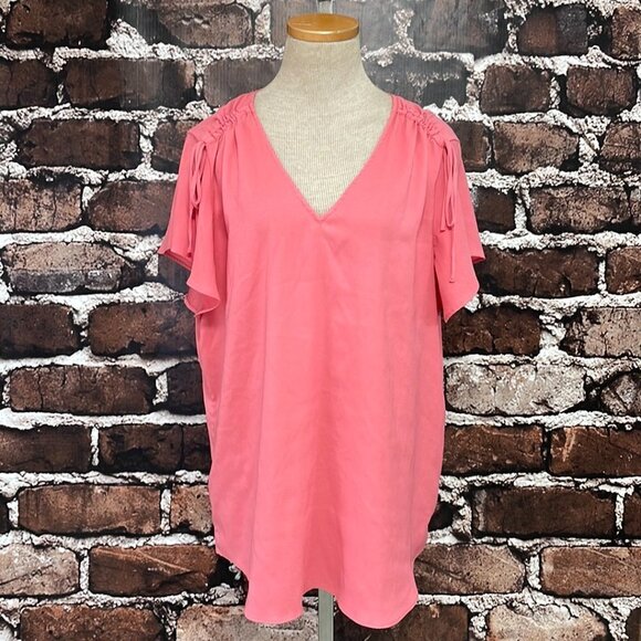 Ann Taylor Blouse V-Neck Synched Shoulders Bubble Gum Pink Size Large L - Picture 6 of 16